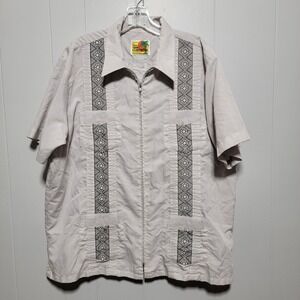 Vintage Haband Guayabera Mens Short Sleeve‎ Zipper Front Shirt Embroidered Gray